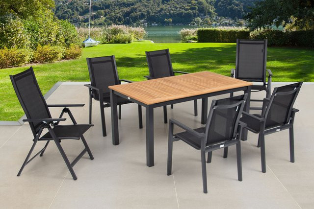 OUTFLEXX Garten-Essgruppe aus Aluminium, Teakholz und Textilene in Anthrazit Matt mit Ausziehtisch und 6 Stühlen - Bild 1