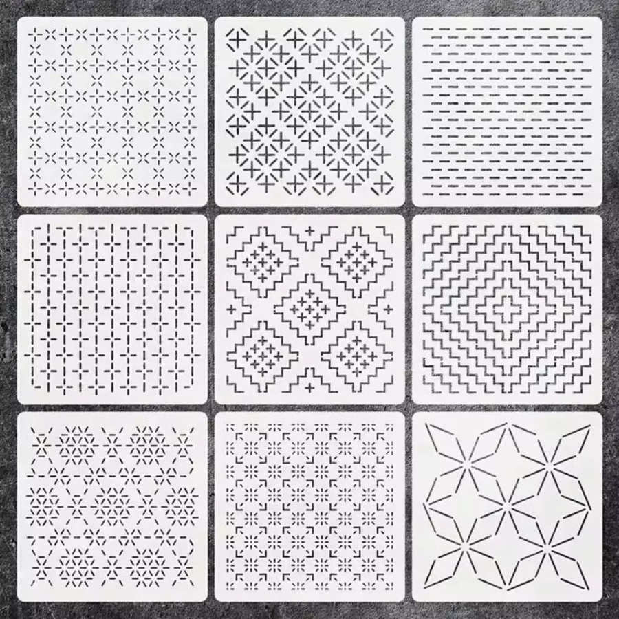 Set aus 9 bis 32 wiederverwendbaren Sashiko-Stickerei-Vorlagen aus transparentem PET mit geometrischen Patchwork-Mustern - Bild 2