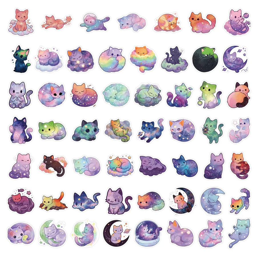 50er-Pack Wasserfeste Cartoon Sticker mit Sternennacht Katzen und Hunde Motiven in Multicolour für Notizbücher und Deko - Bild 2