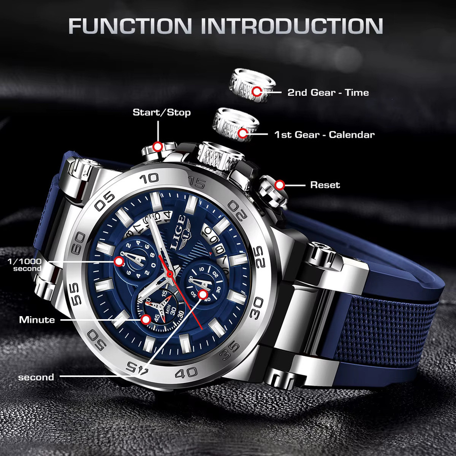 LIGE Armbanduhr Chronograph, Quarz, Edelstahl, Blau, Herren - Bild 4