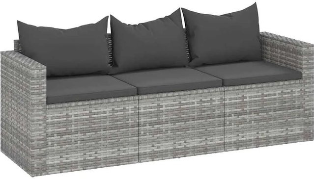 vidaXL Gartensofa 3-Sitzer aus grauem PE-Rattan mit Kissen und Metallrahmen - Bild 1