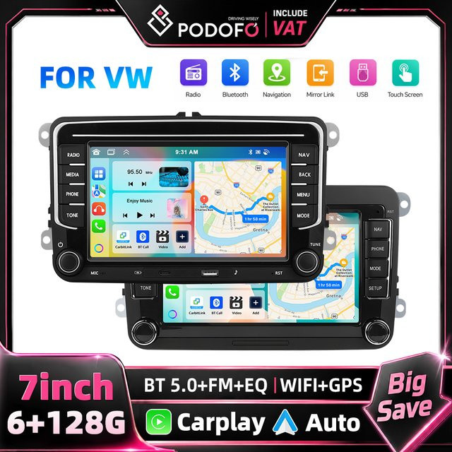 Podofo 7 Zoll 2 Din Autoradio Multimedia-Player mit 6 GB RAM und 128 GB Speicher, Schwarz, mit Wireless Carplay und Android Auto für Seat, VW und Skoda - Bild 1