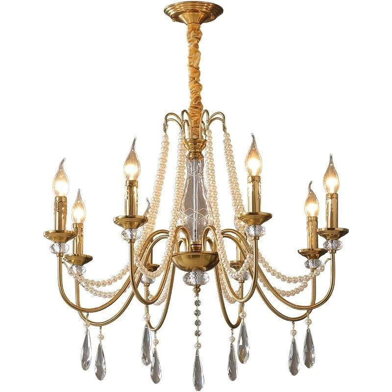 SaloEElaitte Kristall-Kronleuchter in Gold/Messing mit transparenten Perlen, E14 Pendelleuchte im klassischen Stil für Wohnraum und Flur - Bild 3