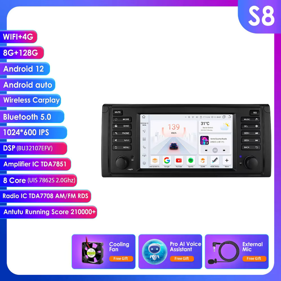Hizpo 7 Zoll Autoradio für BMW 5er E39 X5 E53 M5 mit Android Auto, CarPlay, GPS, WIFI und 4G in Schwarz - Bild 5