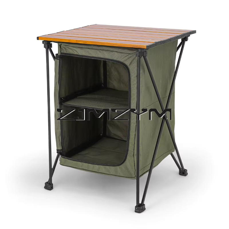 ZJMZYM Outdoor-Campingtisch in Grün mit doppellagiger Ablage und Stauraum, faltbarer Grill- und Kochtisch aus Metall und Holz für Picknick und Wandern - Bild 3