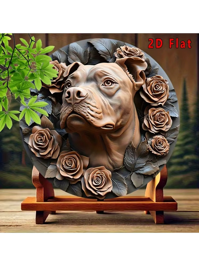 Potdemiel Wandkunst Pitbull mit Rosen, runde Metall-Dekoration für den Tisch, Durchmesser: 20 cm - Bild 6