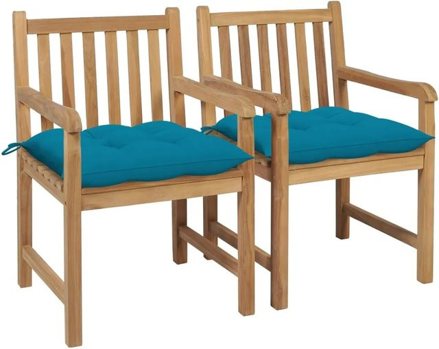 vidaXL Gartenstühle Set aus Teak Massivholz mit blauen Kissen, 2er Set, B/T/H: 58 x 60 x 90 cm - Bild 1