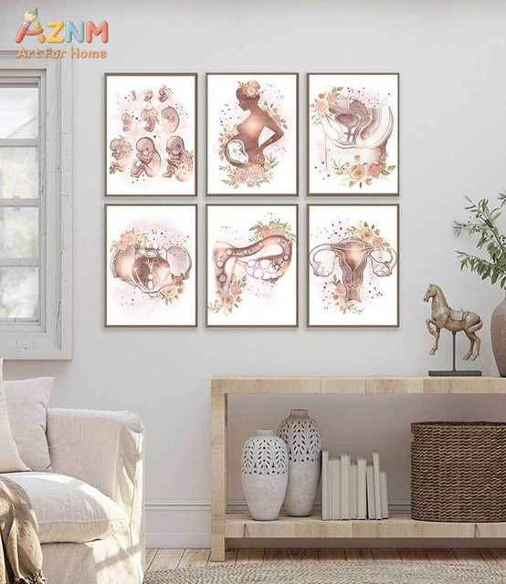 Kayou Aquarell Wandkunst Gebärmutter und Fötus mit Blumenmuster als Leinwand-Kunstdruck in Mehrfarben - Bild 1