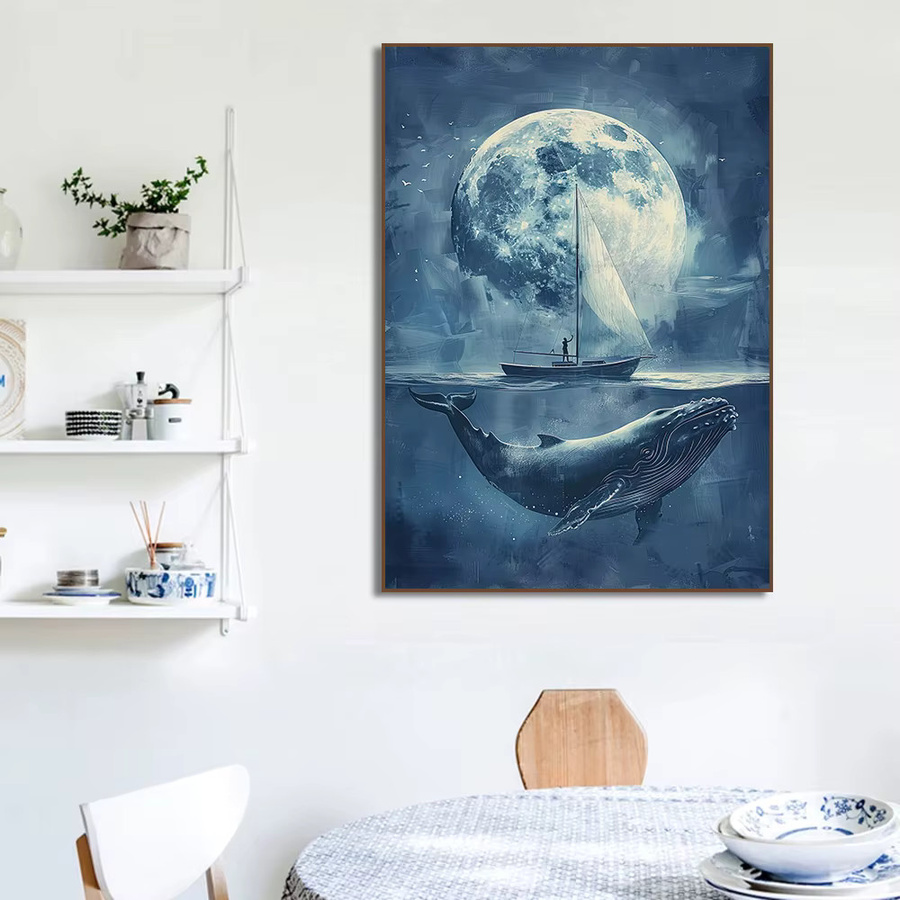 Potdemiel Leinwand Wandkunst Poster Blauwal Mond Stern Segelboot Meer Ozean für Kinderzimmer Dekoration in Blau - Bild 2