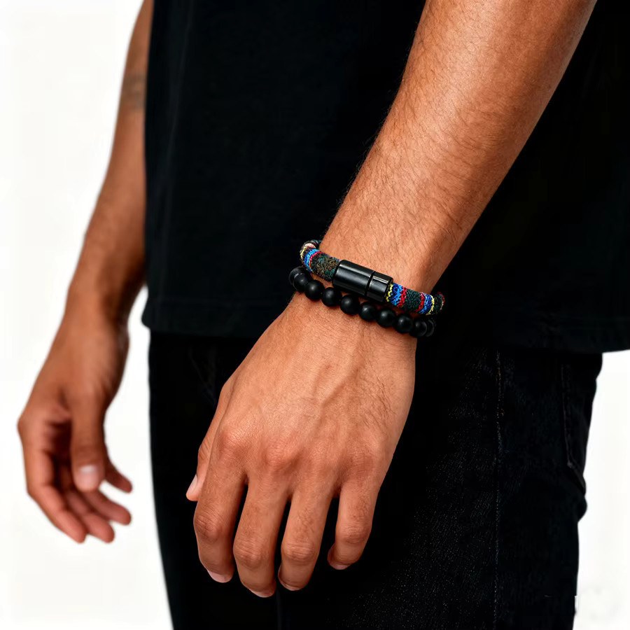 Armband 2 Teile/satz, Stoffschnur, Onyx-Stein, Perlen, Schwarz, Herren - Bild 2