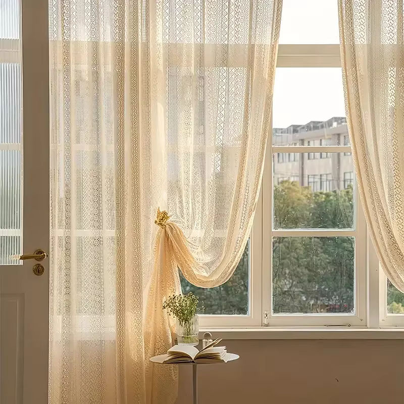 AiFish Boho Jacquard Vorhang aus Spitze und Tüll in Beige mit geometrischem Muster, Breite: 140 cm, Höhe: 160 cm - Bild 4