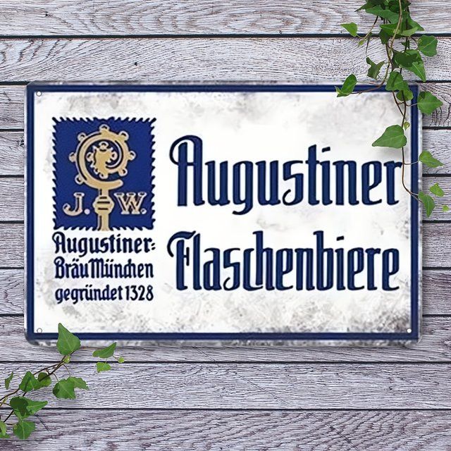 Augustiner Blaschenbier Vintage Metallblechschild rahmenlose Wanddekoration B: 20 cm, H: 14 cm - Bild 1