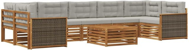 vidaXL Outdoor-Sofagarnitur in L-Form aus massivem Akazienholz mit 8 Kissen in Natur und Hellgrau - Bild 1