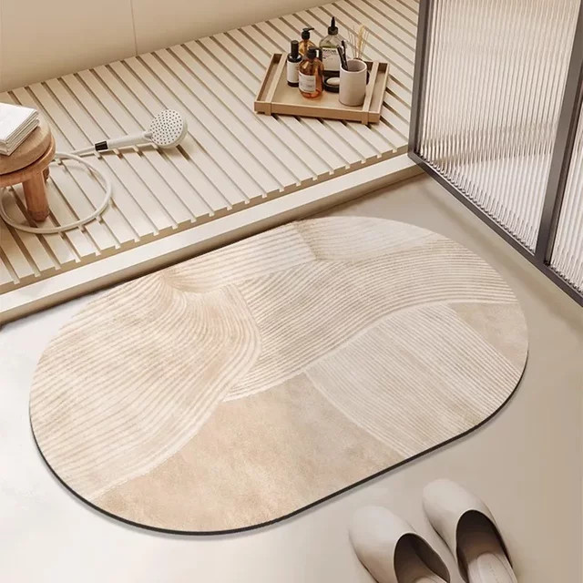 Rutschfester Badezimmerteppich von Facaishu in Beige mit Streifen, oval und modern, Breite: 75,0 cm, Tiefe: 45,0 cm - Bild 1