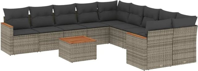vidaXL 11-teilige Garten-Sofagarnitur aus Poly-Rattan mit Kissen in Grau und Akazienholz - Bild 1