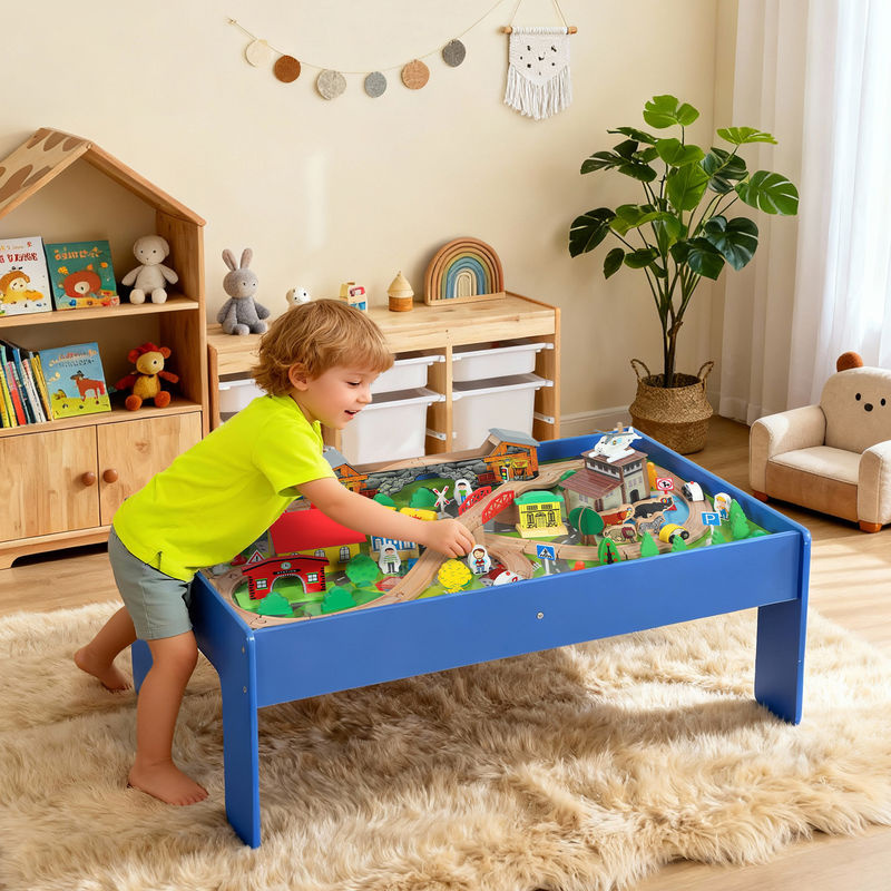 AIYAPLAY Eisenbahn-Set Spieltisch aus Holz, 108-teiliges Set, Blau, ab 3 Jahren - Bild 2