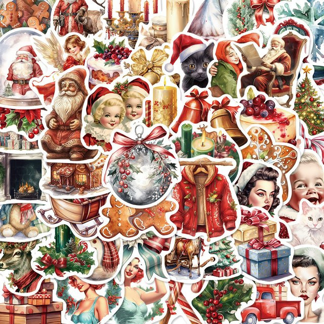 50 Stück Vintage Weihnachten Aufkleber im Retro Design für Scrapbooking, Laptop und Gepäck, wasserfest, mehrfarbig - Bild 1