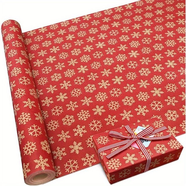 Weihnachts-Geschenkpapier Rolle mit rotem und goldenem Schneeflockenmuster - Bild 1