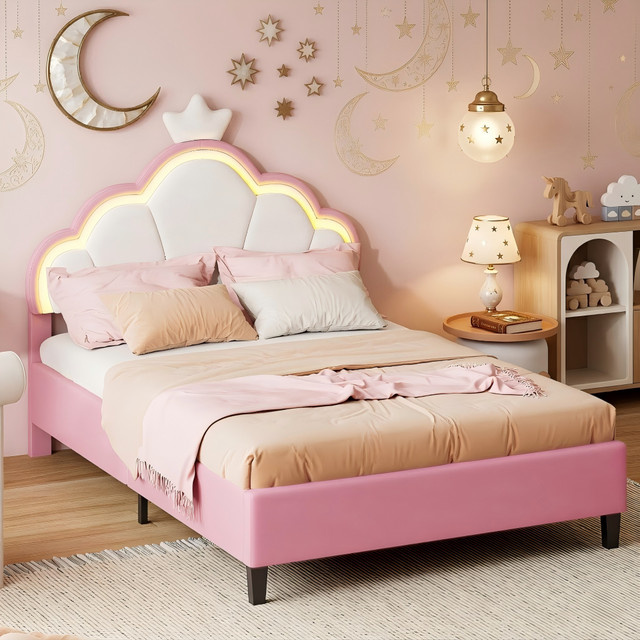 Rosahqnda Polsterbett für Kinder in Rosa mit LED-Beleuchtung und verstellbarem Kopfteil, B/T: 140 x 200 cm - Bild 1