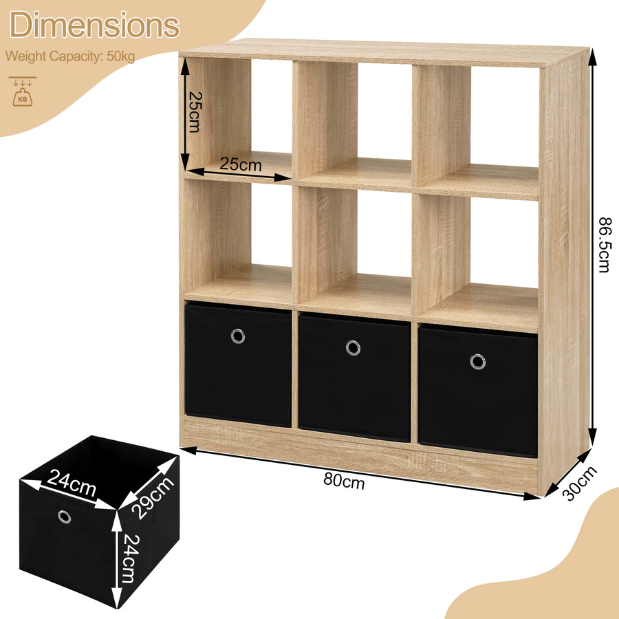 WOLTU Bücherregal Cube in Braun mit 9 Schließfächern und 3 Stoffschubladen für Wohnzimmer, Kinderzimmer oder Home Office - Bild 3