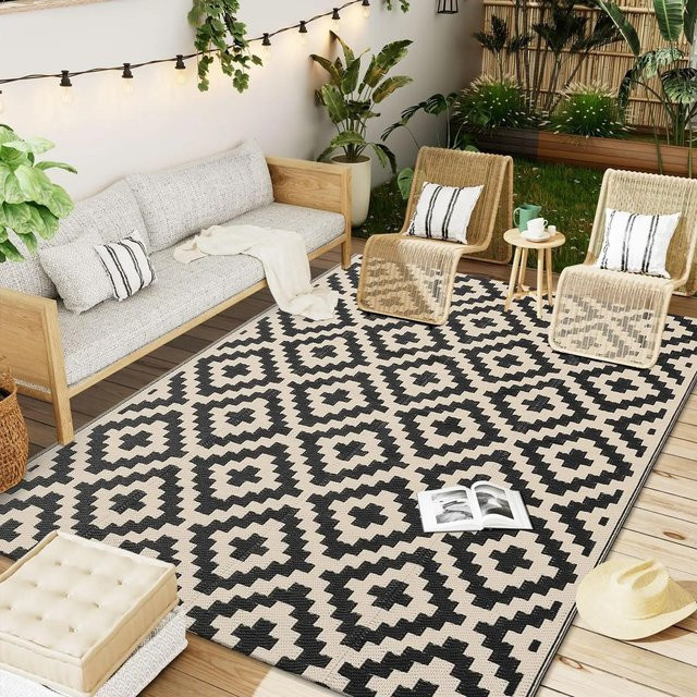 Karpetti Outdoor Teppich mit geometrischem Design, wasserdicht und rutschfest, schwarz, B/T: 80 x 120 cm - Bild 1