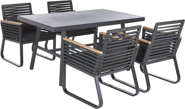 Beliani Gartentisch Set CANETTO in Schwarz und hellem Holzfarbton mit Aluminium, Glas und Polyester, B/T/H: 150 x 90 x 76 cm - Bild 1