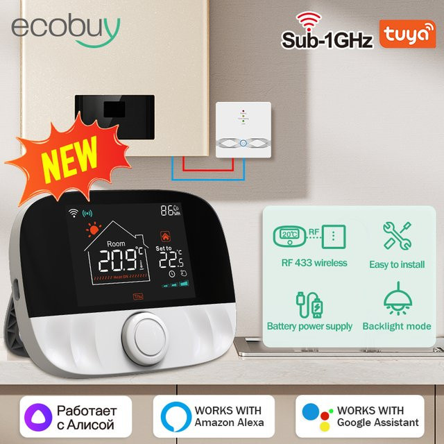 Tuya Smart Wifi Thermostat für Gas Kessel, Batteriebetriebener Digitaler Temperaturregler mit App-Steuerung, Weiß - Bild 1