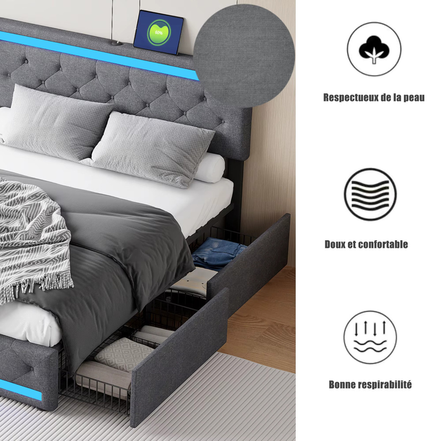 Gepolstertes Doppelbettgestell HYNHXBP in Dunkelgrau mit Leinenstoff, LED-Beleuchtung, USB-Ladefunktion und 4 Aufbewahrungsschubladen, Maße: 140 x 200 cm - Bild 2