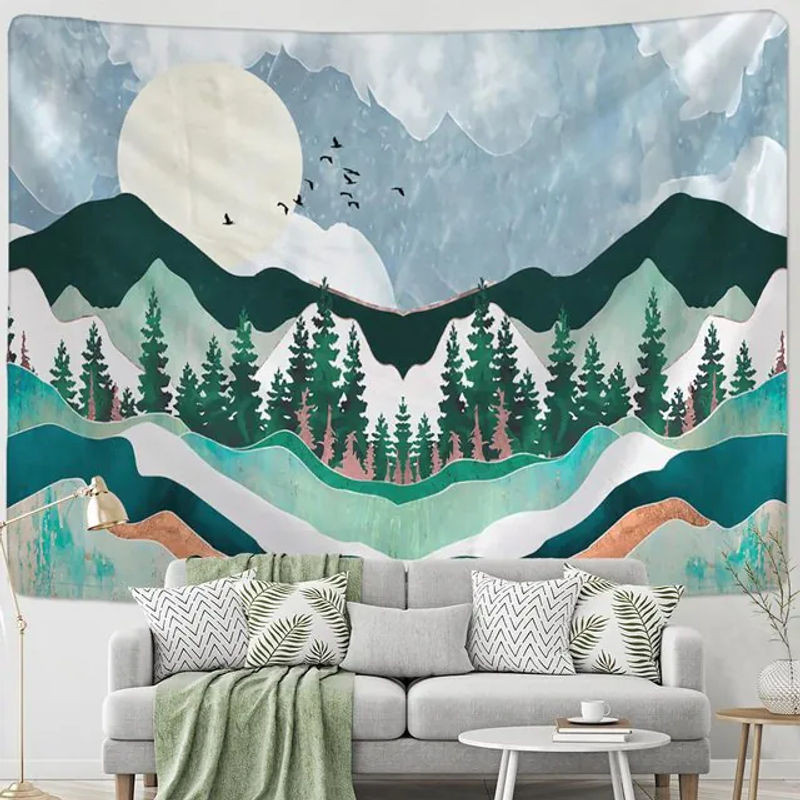 Super Six Wandbehang mit Naturlandschaft im Ölmalerei-Stil, Bohemian Textildruck mit Bergen und Flüssen, mehrfarbig, B: 95 cm, H: 70 cm - Bild 1