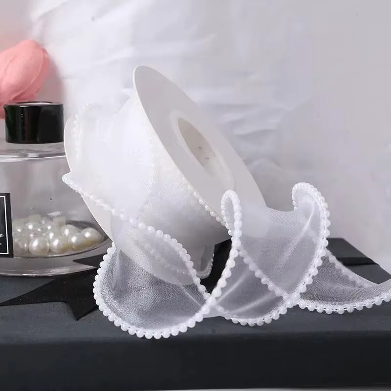 Transparentes Organzaband mit Perlenrand in Weiß, Breite: 4 cm, Länge: 4,5 m - Bild 4