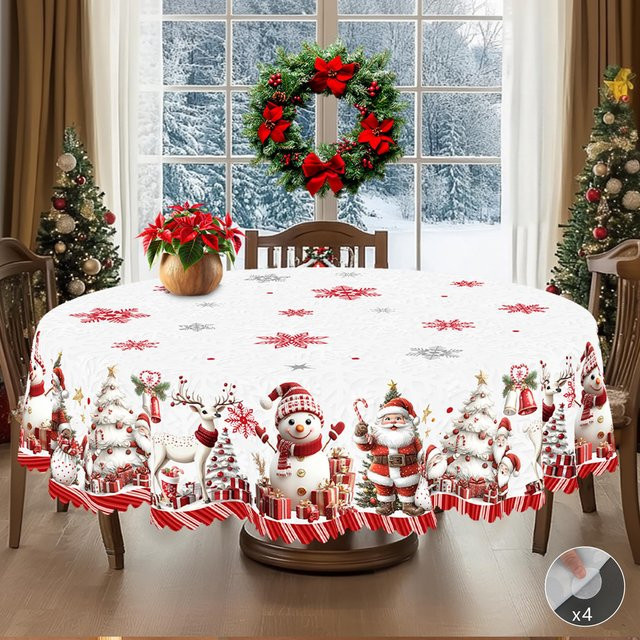 JINGYUE Pet Weihnachts-Tischdecke im Vintage-Bauernhaus-Stil mit Weihnachtsmann, Rentier und Weihnachtsbaum-Aufdruck, weiß, B: 152 cm, L: 305 cm - Bild 1
