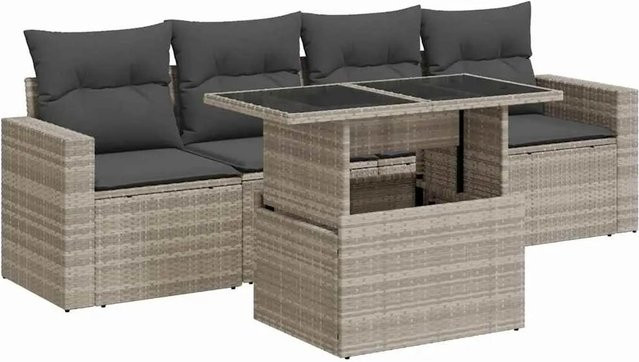 vidaXL 5-tlg. Garten-Sofagarnitur aus Polyrattan in Grau mit Kissen und Couchtisch - Bild 1