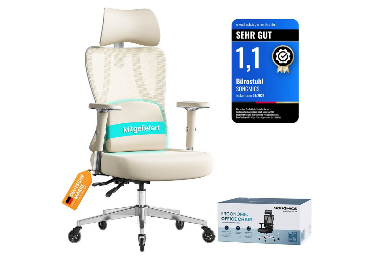 Ergonomischer SONGMICS Bürostuhl als höhenverstellbarer Schreibtischstuhl und Drehstuhl in Beige-Weiß, belastbar bis 150 kg - Bild 1