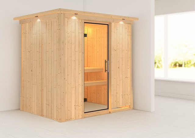 Karibu Sauna Finja mit LED-Dachkranz in Natur - Bild 1