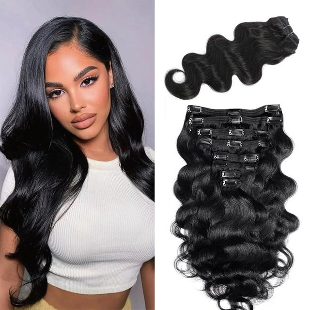 xbeauty Body Wave Clip-in-Haarverlängerungen, 100% Echthaar, 120 g, 8 Stück, 1B - Bild 1