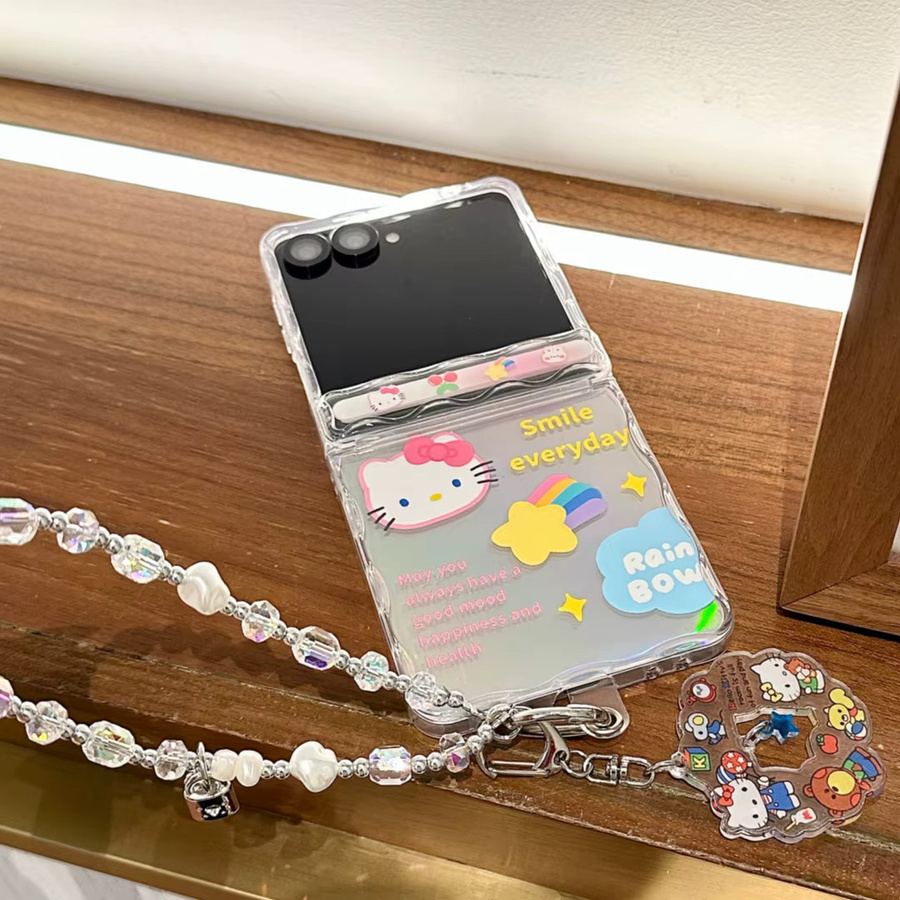 Samsung Z Flip7 Handyhülle mit Cartoon-Regenbogen-Erdbeer-Hello-Kitty-Design, Wellenfalten-Scharnier, Handkette und Fallschutz, Mehrfarbig - Bild 4