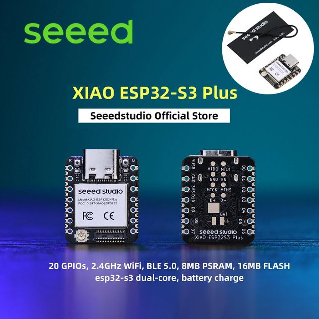 Seeed XIAO ESP32S3 Plus Mikrocontroller mit 2,4GHz WLAN, BLE 5.0, 16MB Flash und 8MB PSRAM in Schwarz - Bild 1