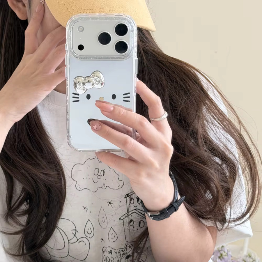 Sanrio Hello Kitty Handyhülle mit 3D Cartoon Design und integriertem Schminkspiegel für iPhone 17 16 15 14 13 Pro Max, transparent, stoßfeste Hartschale - Bild 2