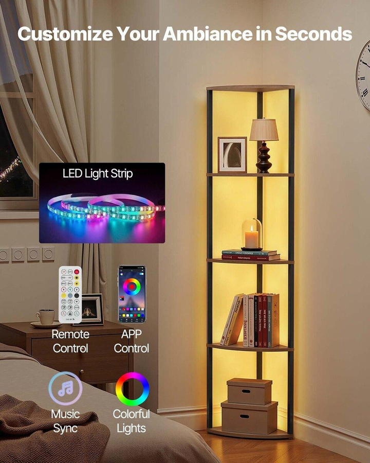 5-stufiges Eckregal von Buying Solutions, MB mit integrierter LED-Beleuchtung, Eckständer aus Metall und MDF-Holz in Schwarz und Braun - Bild 5