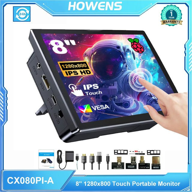 HOWENS 8 Zoll Raspberry Pi 5 LCD-Monitor mit Touchscreen, 1280x800 Auflösung, HDMI und USB, inklusive Lüfter und Lautsprecher, Schwarz - Bild 1