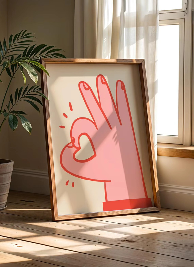 Minimalistischer Wandposter von SHENCHEN mit rosa OK-Hand-Linienkunst und Herz-Motiv in abstrakter Gestaltung - Bild 3