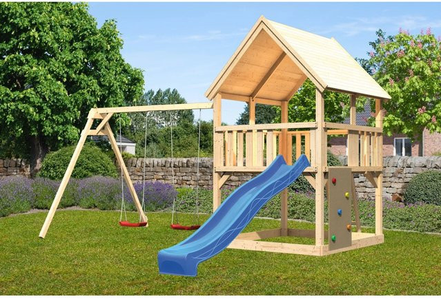 Karibu Spielturm Luis mit Satteldach, Doppelschaukel, Kletterwand und Rutsche in Blau - Bild 1