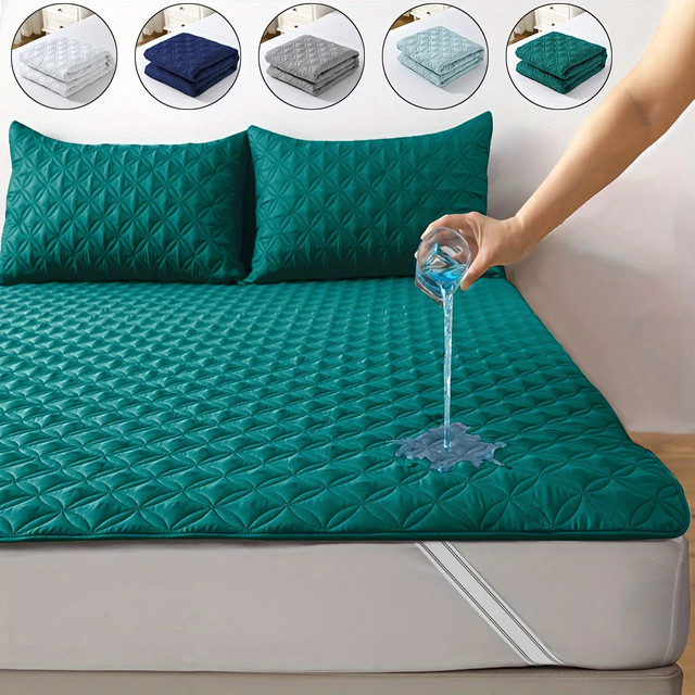 Anqianny Wasserdichter Matratzenschutzbezug mit elastischem Band, atmungsaktive Matratzenauflage, B/B: 90 x 190 cm, Grau/Weiß/Grün/Blau - Bild 1