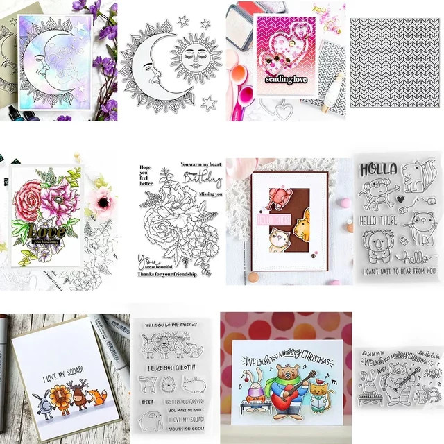 Transparentes Stempelset mit Mond, Sonne, Chevron-Muster, Blumenstrauß und Tierfreunden für DIY Scrapbooking und Kartenhandwerk - Bild 1