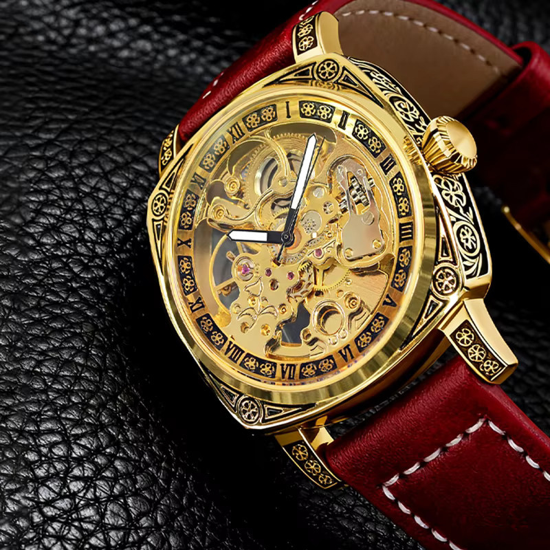 CAROTIF Armbanduhr Automatik, Messing, Gold, Rot, Leder, Herren - Bild 2