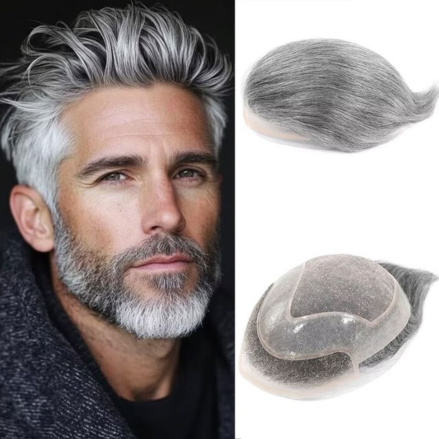 Bfirehair Herren-Toupet-Haarersatzsystem, graues menschliches Haarteil - Bild 1