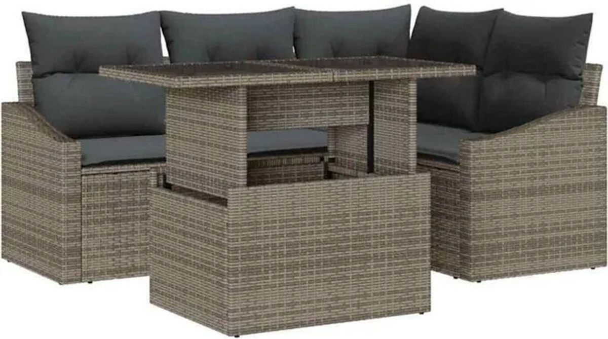Vidaxl Garten-Sofa-Set aus Polyrattan mit Kissen in Grau, 5-teilige Loungemöbel-Garnitur, B/T/H: 100 x 55 x 73 cm - Bild 1