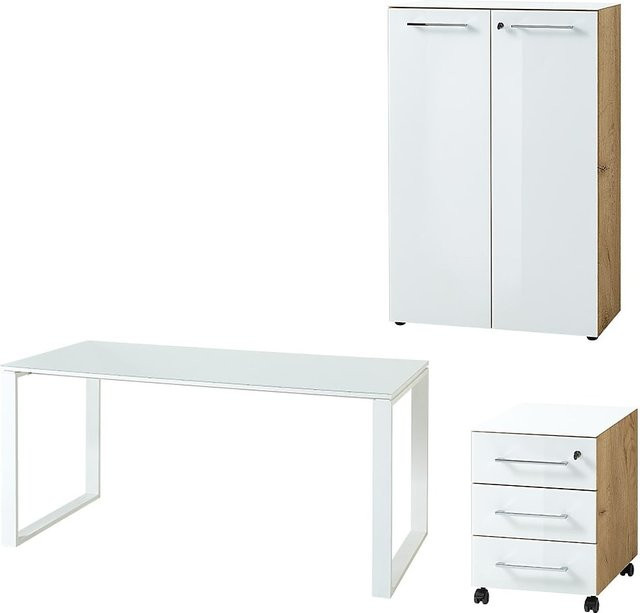 3-tlg Büro-Set MUENCHEN von Kadima Design bestehend aus Schreibtisch, Schrank und Container in Chalet-Eiche und Weiß mit Glasfront - Bild 1