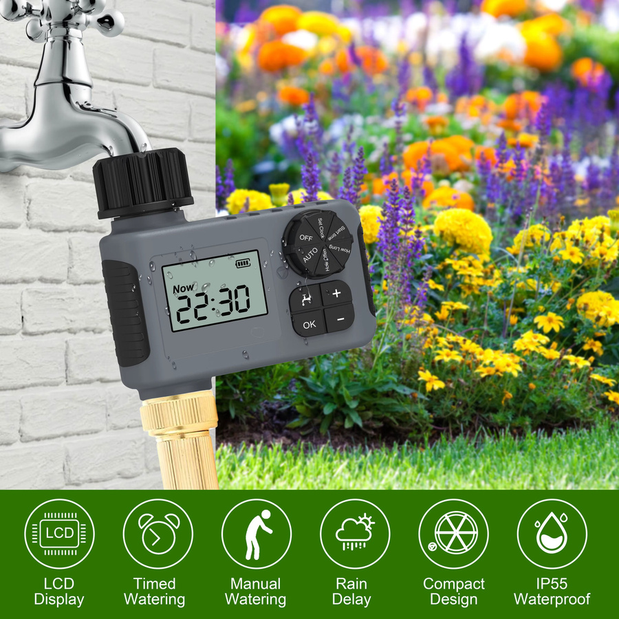 JIHUAN Automatischer Bewässerungstimer mit LCD-Display und IPX5 Schutz, Intelligentes Bewässerungssystem für den Garten in Grau - Bild 2