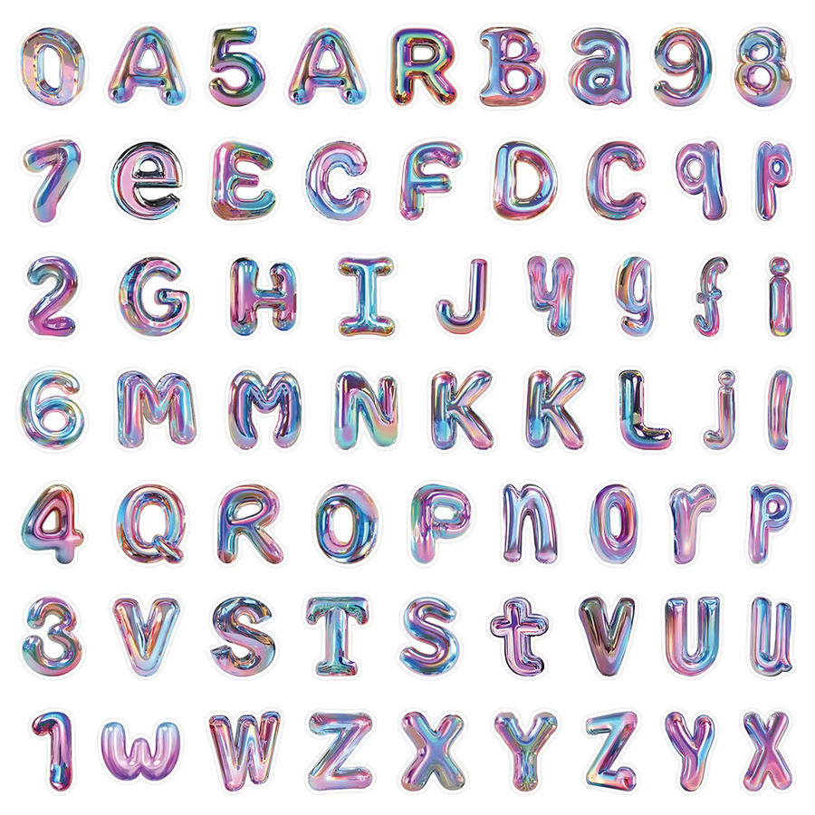 63 Stück 3D glänzende Buchstaben- und Zahlen-Aufkleber in Multicolour von LanLanStickersWorld für Laptop, Gepäck und Basteldekorationen - Bild 2